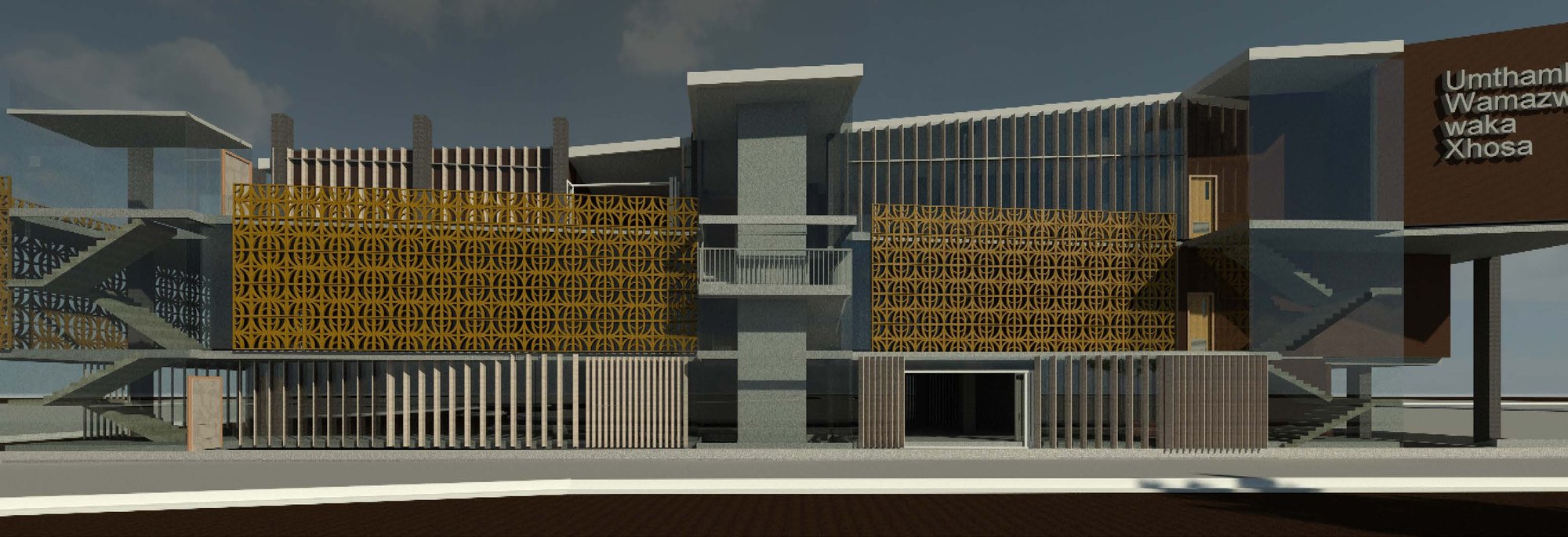 Facade render with gold patterned screens